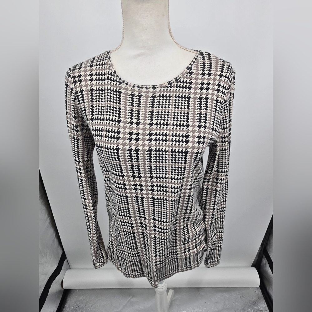 Chico's Black Gray Houndstooth Plaid LS Tee Medium (6428)